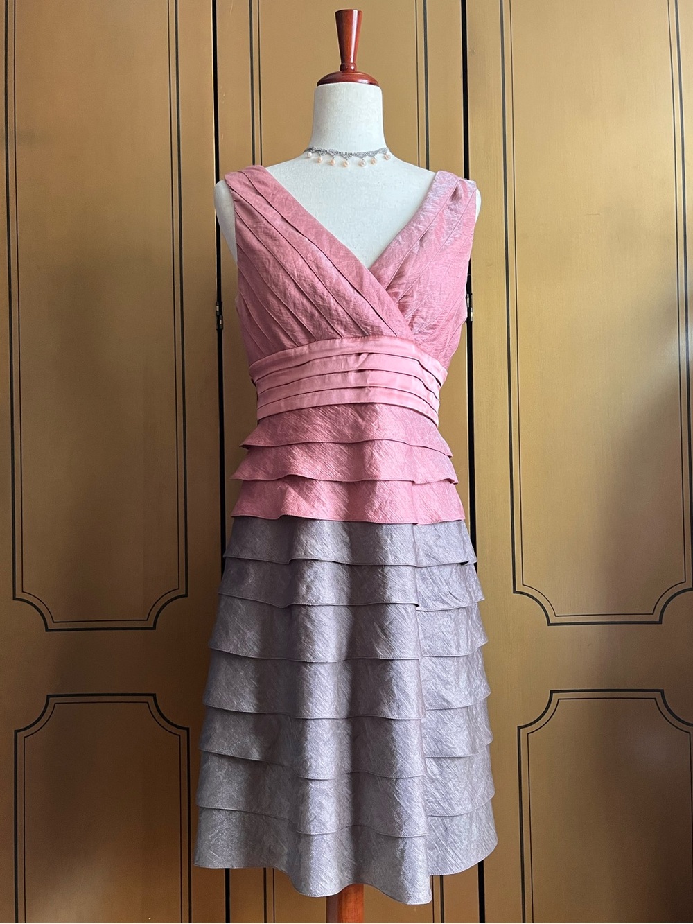 Adrianna Papell Pink and Taupe Tiered V-Neck Midi Dress